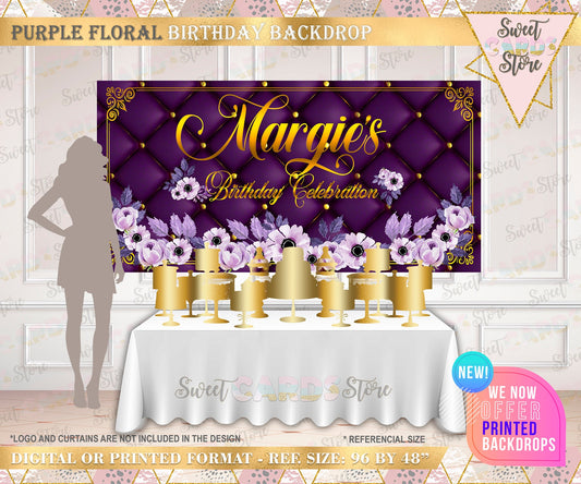 Floral purple and gold birthday backdrop, Purple and Gold Printable Backdrop, 50th aniversary backdrop, Elegant gold purple  floral backdrop