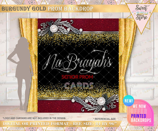 Prom Backdrop, Burgundy senior prom backdrop, burgundy gold silver backdrop, prom backdrop prom banner senior prom backdrop, printed digital