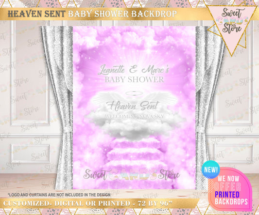 Heaven sent Baby shower Backdrop Heaven Sent Angel Backdrop, Angel Wings Pink Silver Backdrop, Heaven pink clouds baby shower backdrop