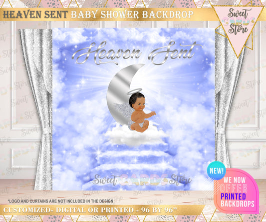 Heaven sent Baby shower Backdrop Heaven Sent Angel Backdrop, Angel Wings Blue Silver Backdrop, Angel baby boy clouds baby shower backdrop