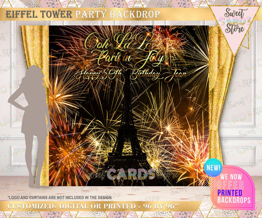 Paris Eiffel Tower Backdrop, Eiffel Tower fireworks backdrop, Eiffel tower paris banner, Eiffel Tower parisian night background, Paris Party