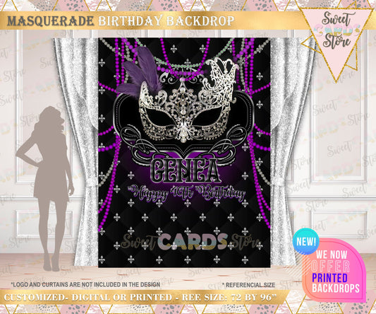 masquerade backdrop, silver masquerade, black masquerade, purple masquerade,happy birthday backdrop,party backdrop,birthday backdrop,printed