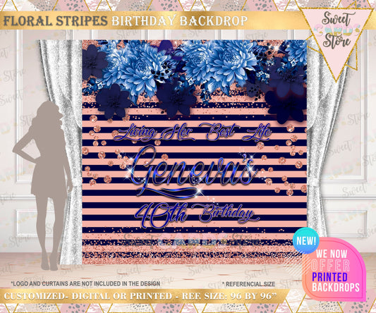 Stripes and floral backdrop, floral backdrop, 40th birthday backdrop, Navy rose gold floral stripes backdrop, flowers stripes banner