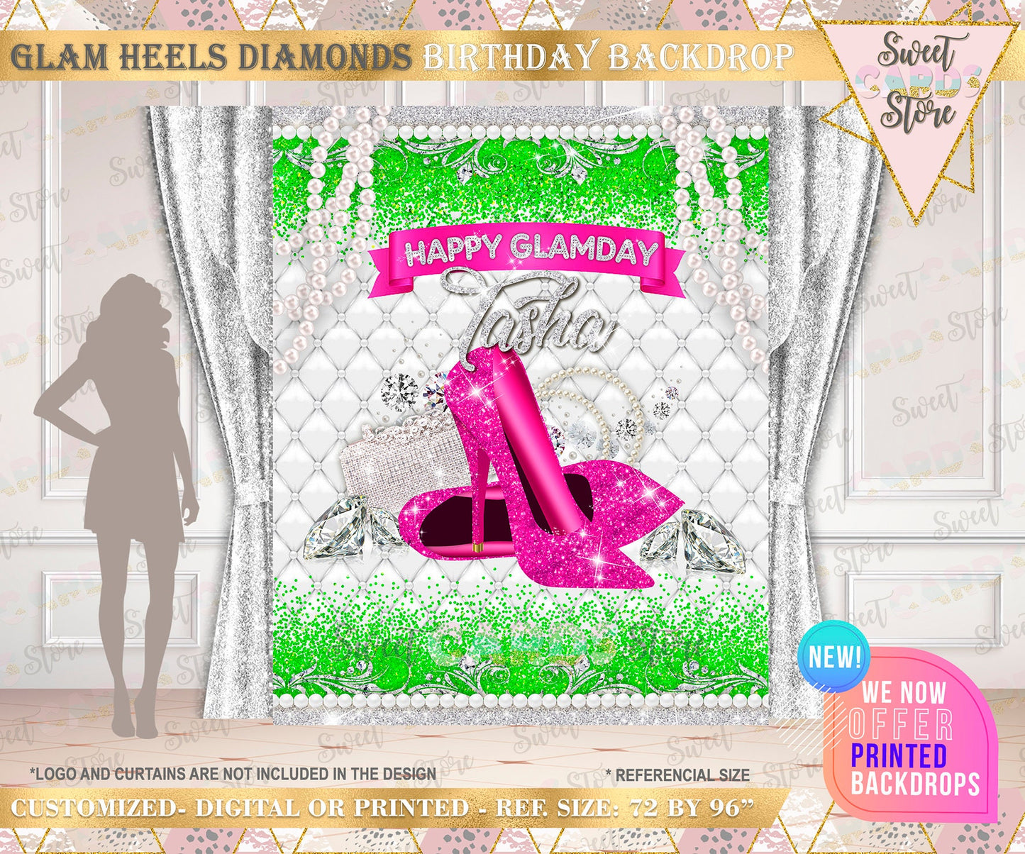 High Heels pearls diamonds birthday backdrop, Heels and pearls backdrop, Glam Backdrop, Glam Birthday backdrop, Heels pearls banner