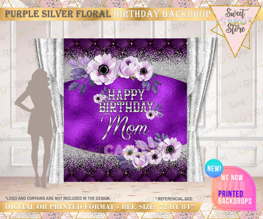 Purple and silver Printable Backdrop, 50th anniversary backdrop, Elegant silver purple backdrop, Prom Backdrop, purple, gold, floral glitter