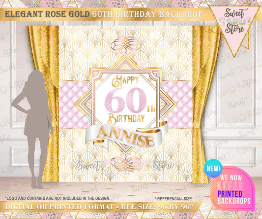 Elegant pink gold rose floral 60th birthday backdrop, elegant luxury gold pink birthday backdrop, 60th 50th 40th marble backdrop decor,