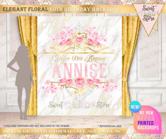 Elegant pink gold rose floral 60th birthday backdrop, elegant luxury gold pink birthday backdrop, 60th 50th 40th floral backdrop decor,