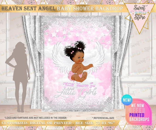 Heaven sent Angel Baby girl shower Backdrop, Heaven Sent Angel Backdrop, Angel Wings Pink Silver Backdrop, Angel Baby girl step and repeat