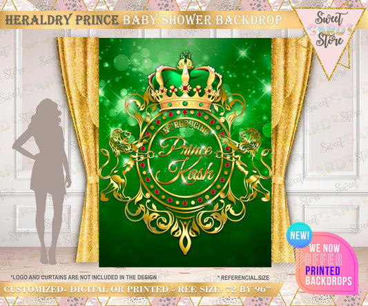 Prince Heraldry Backdrop, Green and gold Prince baby shower backdrop, Green royal shield backdrop, king Prince baby shower banner, prince