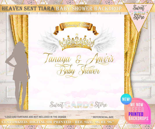 Heaven sent Tiara Angel Baby shower Backdrop, Heaven Sent Angel Backdrop, Angel Wings white gold  Backdrop, Baby angel tiara Backdrop