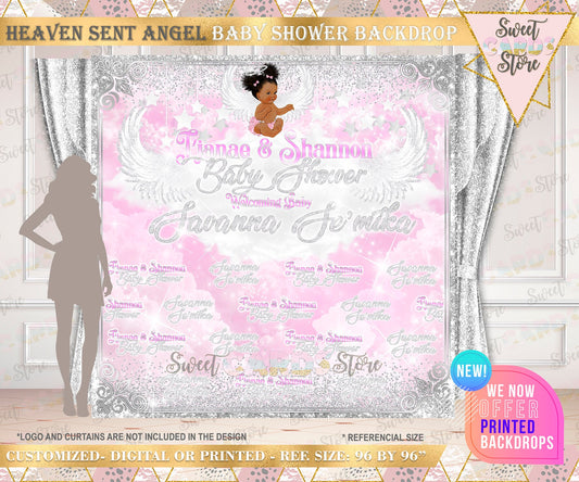 Heaven sent Angel Baby girl shower Backdrop, Heaven Sent Angel Backdrop, Angel Wings Pink Silver Backdrop, Angel Baby girl step and repeat