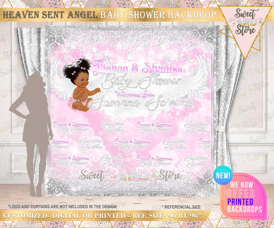 Heaven sent Angel Baby girl shower Backdrop, Heaven Sent Angel Backdrop, Angel Wings Pink Silver Backdrop, Angel Baby girl step and repeat