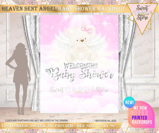 Heaven sent Angel teddy bear shower Backdrop, Heaven Sent Angel bear Backdrop, Angel Wings Pink Silver Backdrop, Angel Baby bear backdrop