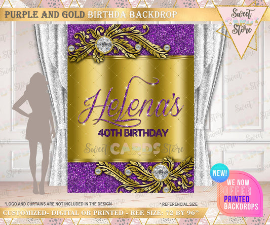 Purple and Gold Backdrop, 50th aniversary backdrop, Elegant gold purple backdrop, Prom Backdrop purple gold jewelery backdrop print digital