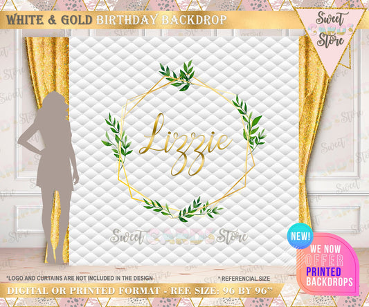 White and gold minimalist party backdrop, white gold backdrop, white gold birthday backdrop, Monogram backdrop, White gold banner decor