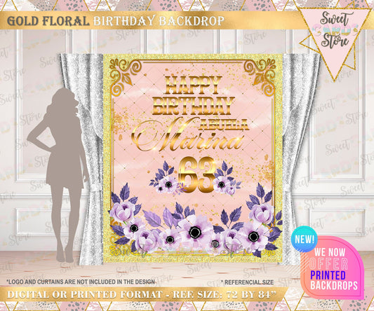 Floral pink purple  gold birthday backdrop, pink Gold Printable Backdrop, 60th aniversary backdrop, Elegant gold pink  floral backdrop