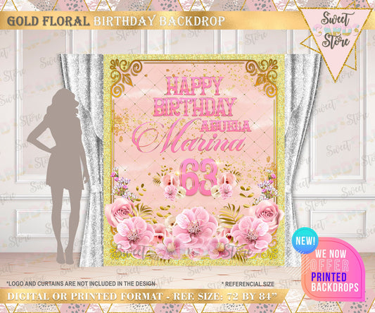 Floral pink gold birthday backdrop, pink Gold Printable Backdrop, 60th aniversary backdrop, Elegant gold pink floral backdrop