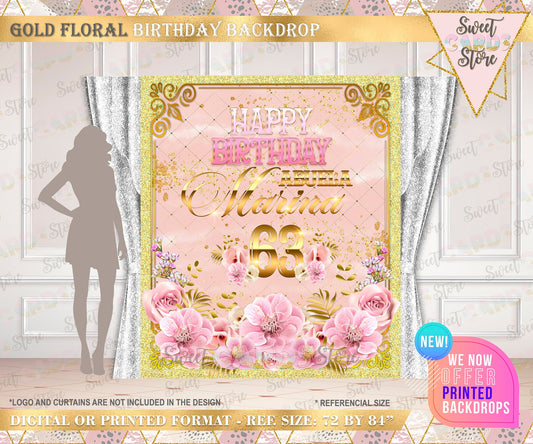 Floral pink gold birthday backdrop, pink Gold Printable Backdrop, 60th aniversary backdrop, Elegant gold pink  floral backdrop