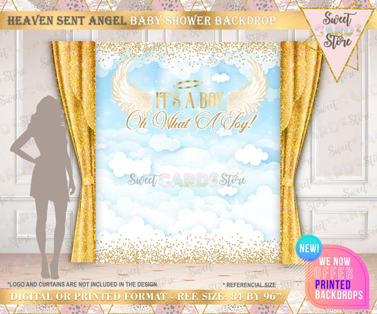 Heaven sent Baby shower Backdrop Heaven Sent Angel Backdrop, Angel Wings Blue Silver Backdrop, Angel baby boy clouds baby shower backdrop