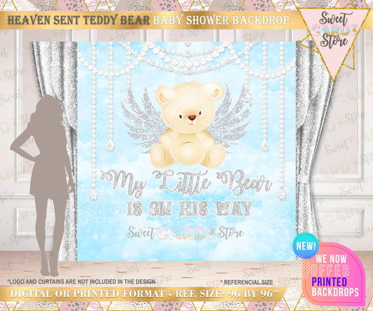 Baby Bear pearls and diamonds Baby shower Printable backdrop, blue Bear baby shower, Bear and pearls printable backdrop, blue teddy bear