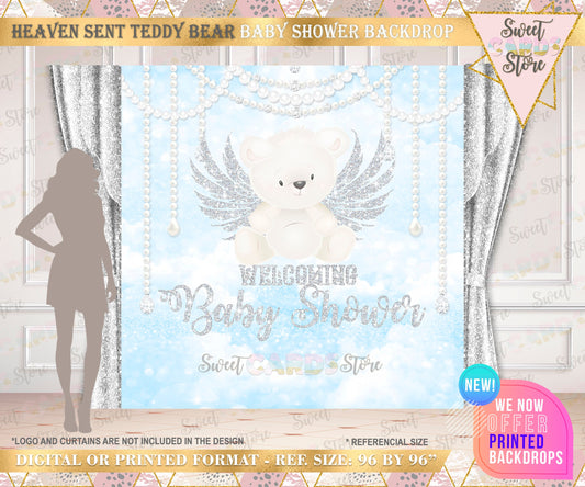 Baby Bear pearls and diamonds Baby shower Printable backdrop, blue Bear baby shower, Bear and pearls printable backdrop, blue teddy bear