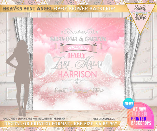 Heaven sent Angel Baby girl shower Backdrop, Heaven Sent Angel Backdrop, Angel Wings rose gold Silver Backdrop, Angel Baby girl backdrop