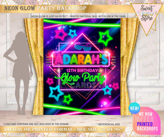 Neon and glow printable digital backdrop, neon glow in the dark backdrop  neon banner, party, birthday, sixteen fifteen, personalized,custom