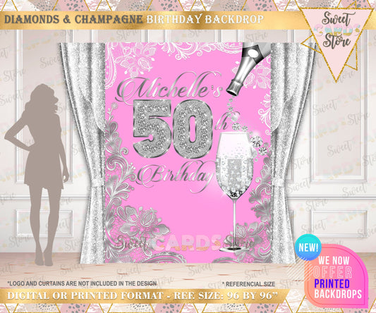 Diamonds champagne Backdrop Cheers to 30 years, 50th birthday backdrop, diamond backdrop, pink silver backdrop, diamonds champagne banner