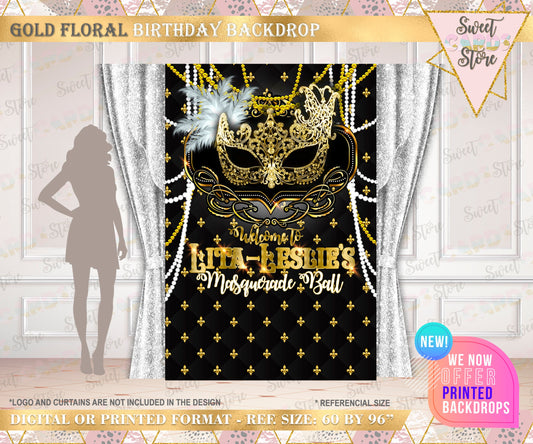 masquerade backdrop, gold masquerade, black masquerade, gold white masquerade, birthday backdrop,party backdrop,birthday backdrop,printed