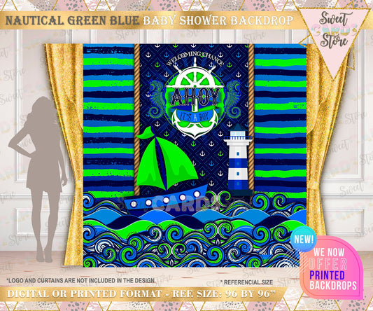 Nautical navy green backdrop, Nautical banner, Nautical party decorm Sail boat sailor ahoy backdrop, Nautical Baby Shower Nautical birthday