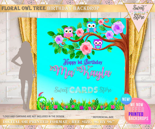 Owl tree backdrop, owl girl birthday backdrop, owl baby shower, owl backdrop, owl banner, owl flowers birthday backdrop printed digital