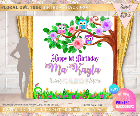 Owl tree backdrop, owl girl birthday backdrop, owl baby shower, owl backdrop, owl banner, owl flowers birthday backdrop printed digital