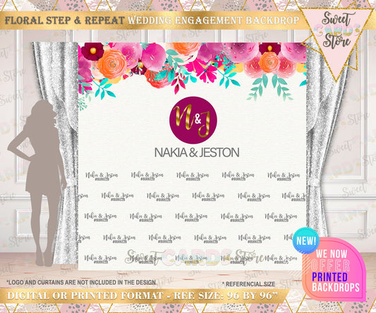 Floral wedding step and repeat backdrop, floral watercolor step and repeat wedding anniversary backdrop, flowers step and repeat wedding