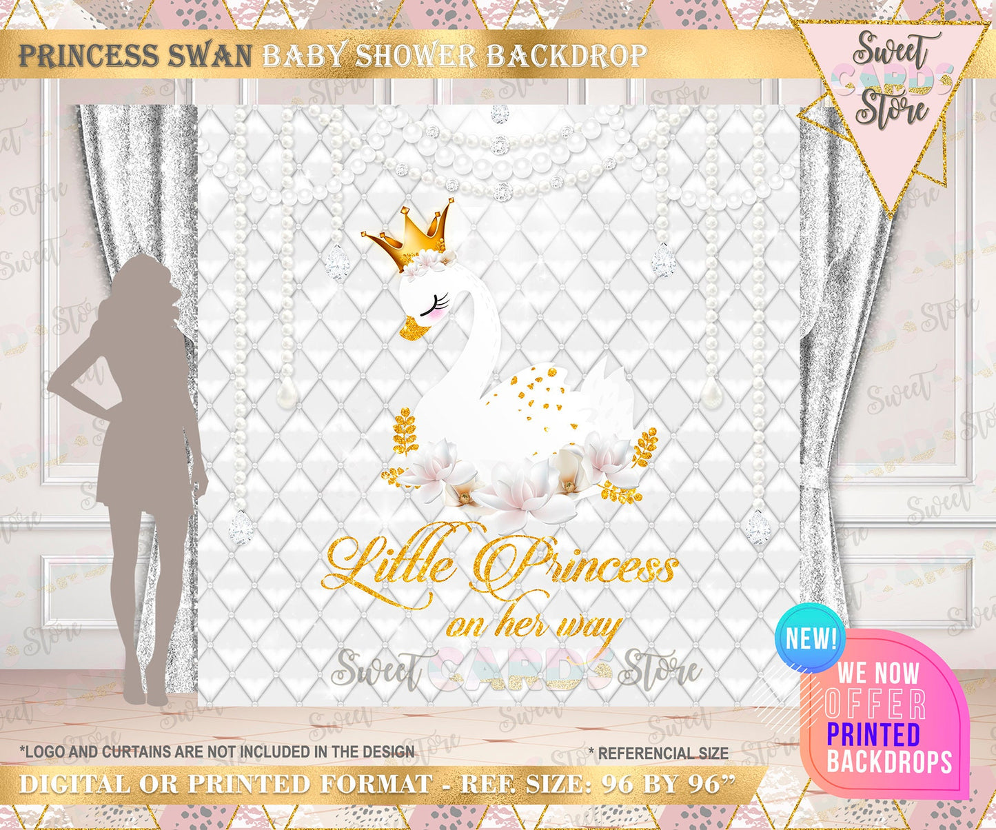 Princess Swan Backdrop, Princess swan banner, Swan pearls backdrop, Swan flowers pearls backdrop. Princess swan baby shower backdrop, swan