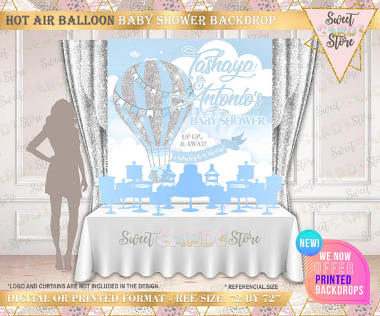 Hot air balloon Baby shower backdrop, Up Up and away backdrop baby shower hot air balloon banner up and away travel boy baby shower backdrop