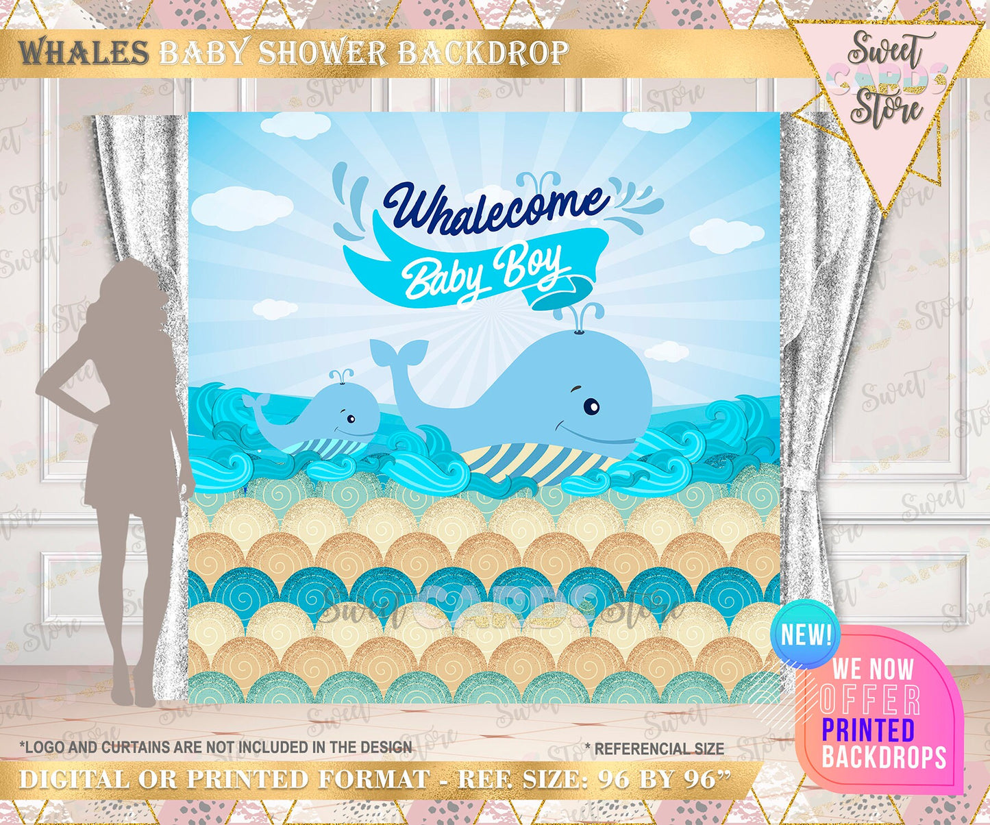 Whale baby shower backdrop, whales baby shower backdrop, nautical whales backdrop, whales banner, whales party decor, whales birthday party