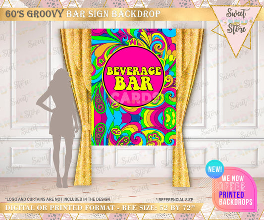 60's Retro groovy beverage bar backdrop sign, retro 60s psychedelic colorful backdrop, peace and love bar sign, groovy backdrop decor