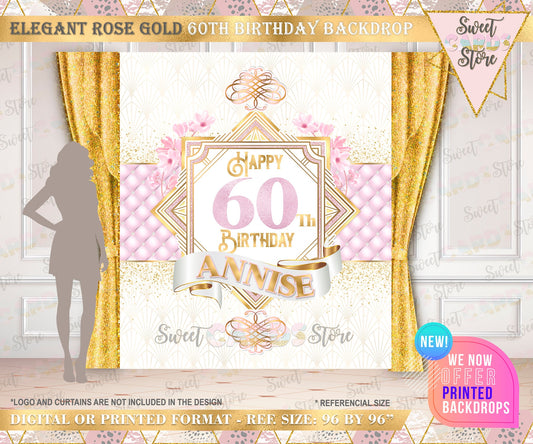 Elegant pink gold rose floral 60th birthday backdrop, elegant luxury gold pink birthday backdrop, 60th 50th 40th marble  backdrop decor,