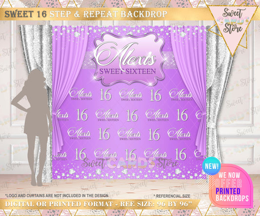 Sweet 16 lavander silver step & repeat Printable Backdrop, Sweet sixteen diamonds backdrop, Sweet Sixteen Glitter backdrop Sweet 16 Backdrop