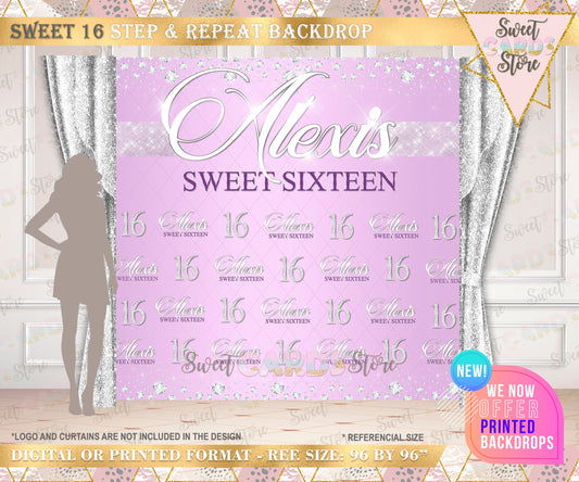 Sweet 16 lavander silver step & repeat Printable Backdrop, Sweet sixteen diamonds backdrop, Sweet Sixteen Glitter backdrop Sweet 16 Backdrop