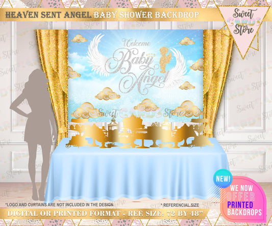 Heaven sent Baby shower Backdrop Heaven Sent Angel Backdrop, Angel Wings Blue Silver Backdrop, Angel baby boy clouds baby shower backdrop