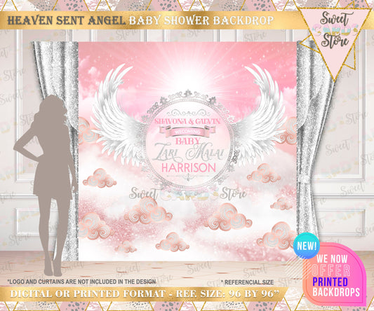 Heaven sent Angel Baby girl shower Backdrop, Heaven Sent Angel Backdrop, Angel Wings rose gold Silver Backdrop, Angel Baby girl backdrop