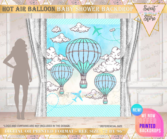 Hot air balloon Baby shower backdrop, Up Up and away backdrop baby shower hot air balloon banner up and away travel boy baby shower backdrop