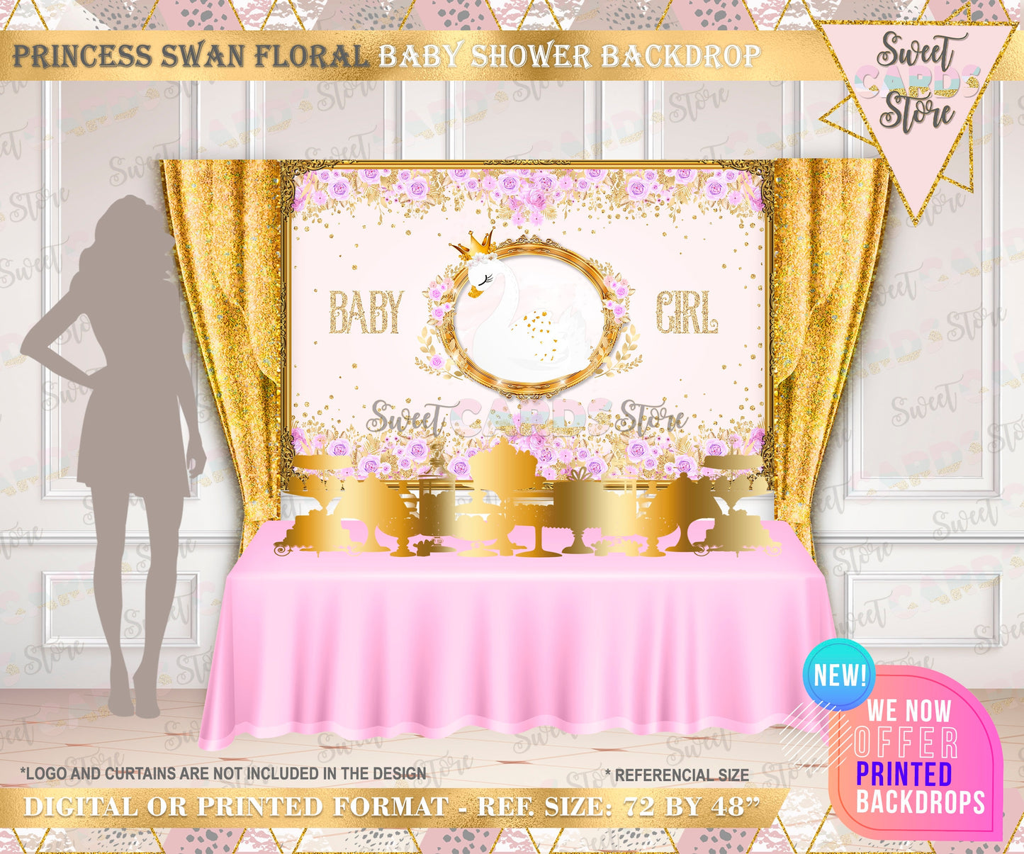 Princess Swan Backdrop, Princess swan banner, crown swan backdrop, Swan flowers glitter backdrop. Princess swan baby shower girl backdrop