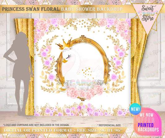 Princess Swan Backdrop, Princess swan banner, crown swan backdrop, Swan flowers glitter backdrop, Princess swan baby shower girl backdrop