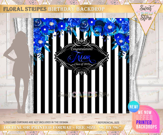 Stripes and floral backdrop, floral backdrop, stripes floral birthday backdrop, royal blue silver floral stripes birthday backdrop