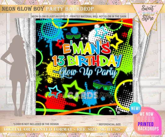 Neon and glow printable digital backdrop, neon glow in the dark boy backdrop  neon banner, party, birthday, glow party boy neon birthday