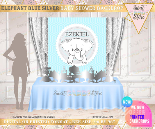 Elephant Baby Shower Backdrop, Elephant Baby Shower, Elephant Party, Elephant Birthday, Blue and Silver Backdrop, Blue Baby Shower elephant