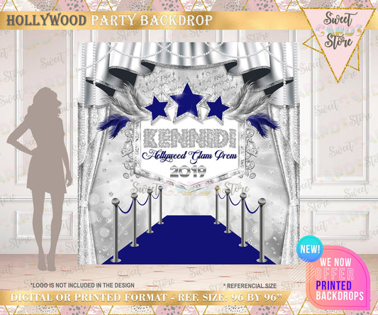 Hollywood Glam Printable Party Backdrop, Hollywood Party Backdrop blue silver Party Backdrop, Hollywood Theme Party Backdrop Glam party prom