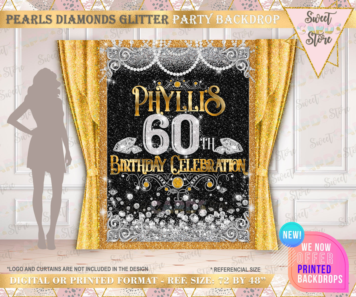 60th Birthday party backdrop, 60th anniversary diamonds backdrop, black silver gold diamonds backdrop diamonds backdrop, 60 diamonds banner